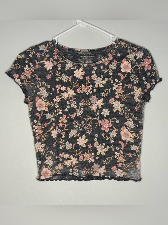 American Eagle Outfitters Tops - American Eagle Outfitters Black Floral Ribbed Crop Top